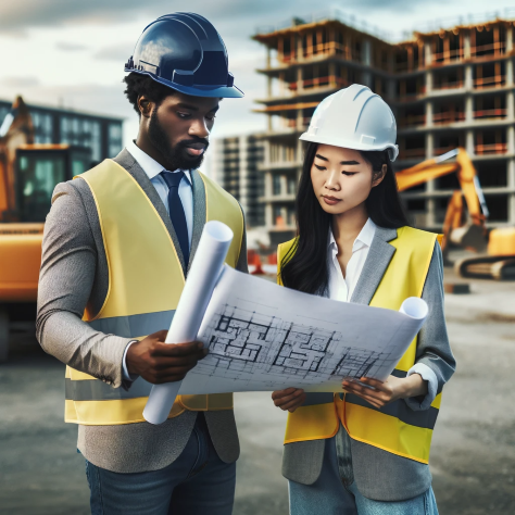African man in hard hat and vest holds blueprints, discussing with Asian woman in white hard hat on a construction site.