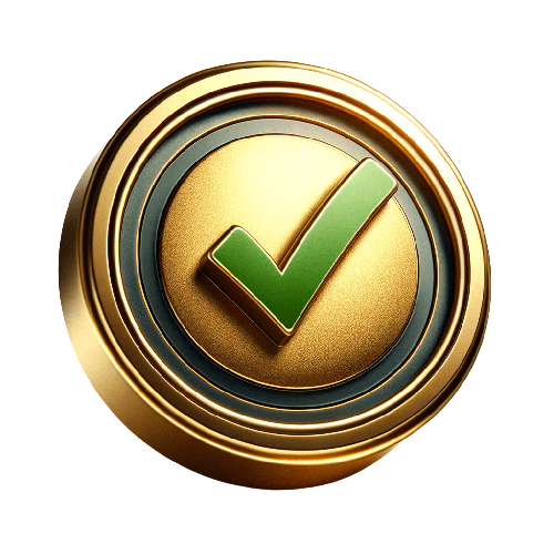 A gold seal with a centered dark green 3D check mark, casting a shadow on the seal, against a transparent background.