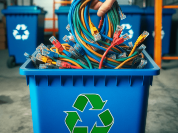 Colorful CAT6 cables being placed into a blue recycling bin in an industrial setting.