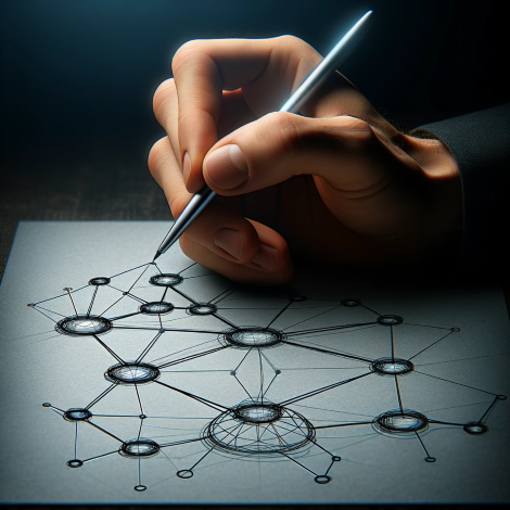 Realistic image of a hand with a pen drawing a five-node network diagram on paper.
