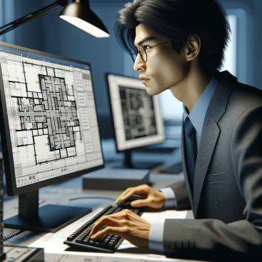 Focused Asian telecommunications engineer in professional attire intently reviewing detailed floor plans on a computer, with high-tech gear.