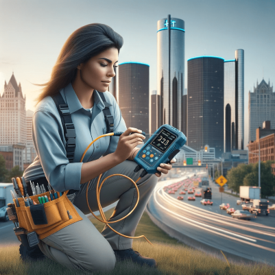 A female Hispanic field technician in Detroit tests a network cable with a skyline backdrop.