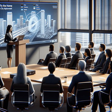 An Asian female engineer in her 30s presents a 'fiber to the home' deployment plan to diverse city officials in a modern, well-lit conference room.