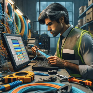 A South Asian technician in a safety vest troubleshoots a fiber optic cable using an OTDR, with tools on a table.