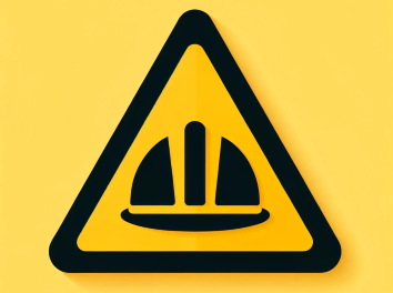 Yellow triangle sign with black border, featuring a white hard hat in the center.