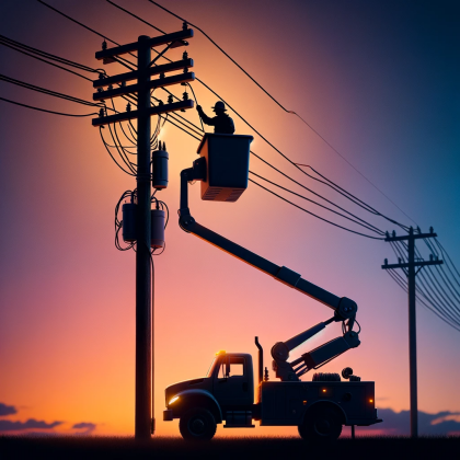 Silhouette of a telecom worker in a bucket truck beside a telephone pole, set against a dusk sky with orange and purple hues.