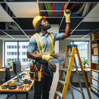 A Black male contractor beside a ladder, sorting cables from an open ceiling in a well-lit room with tools on a table.