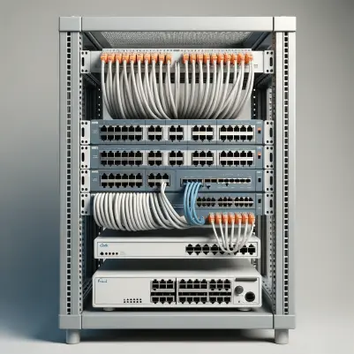 Photo of a network rack with a patch panel, switch, and router, neatly wired with patch cables and side cable management.