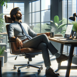 South Asian male IT worker in his late 20s, relaxing in an office chair, wearing casual business attire, with laptop and coffee on desk.