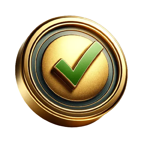 A gold seal with a centered dark green 3D check mark, casting a shadow on the seal, against a transparent background.