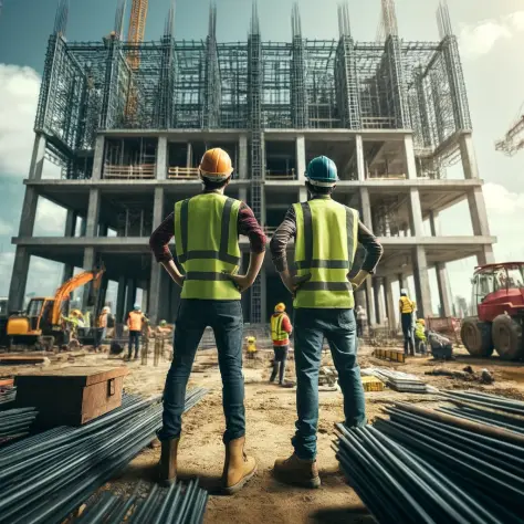 African man in hard hat and vest holds blueprints, discussing with Asian woman in white hard hat on a construction site.