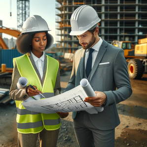 An African descent woman in a hard hat and vest holds blueprints, discussing with a Caucasian man in a hard hat on a construction site.