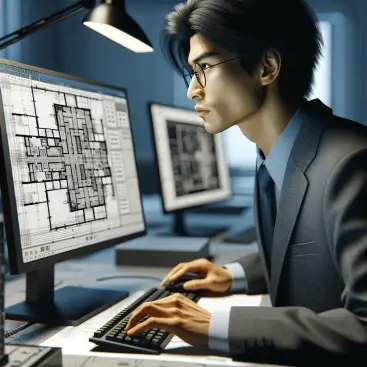 Focused Asian telecommunications engineer in professional attire intently reviewing detailed floor plans on a computer, with high-tech gear.