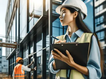 Inspector, a South Asian woman in safety gear, checks a building with a Black worker on scaffolding.