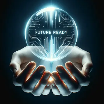 Hands holding a luminous orb, symbolizing future readiness; the orb glows with advanced, technological light, no background, focusing on hands.