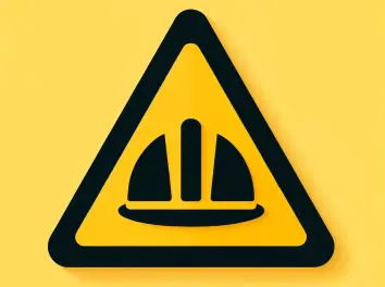 Yellow triangle sign with black border, featuring a white hard hat in the center.