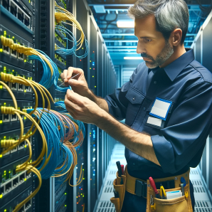 Middle-aged Caucasian man in technician uniform labels network cables in a server room with racks of equipment and blinking LED lights.