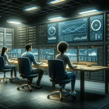 Network center with 3 diverse workers at computers and large displays, modern and dimly lit.