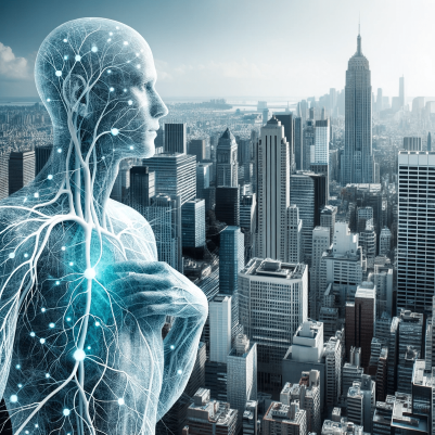 Transparent human figure against a city skyline, with veins and arteries transforming into structured cabling, highlighting connectivity.