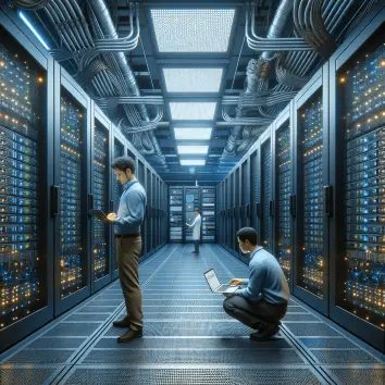 A low-angle view of a towering server rack, packed with various electronic components and blinking lights, as seen from the floor perspective.